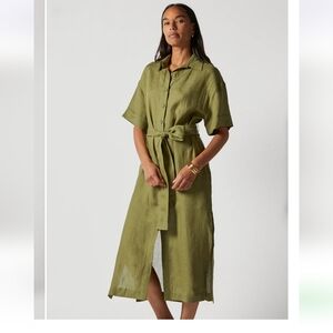 Casa Raki Casilda Dress Olive Green Linen Button Cuff Slits - S